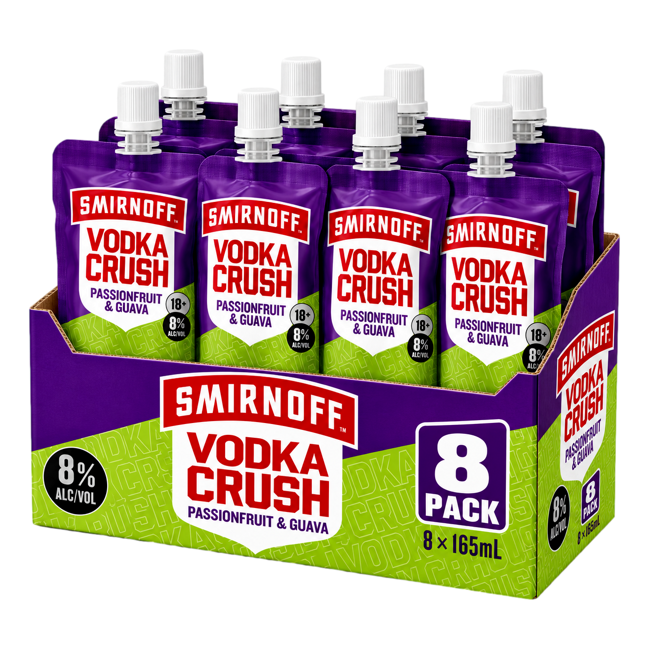 Smirnoff Vodka CRUSH Passionfruit & Guava ZERO SUGAR 8% 165ml Pouch Case of 8