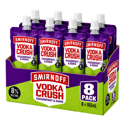 Smirnoff Vodka CRUSH Passionfruit & Guava ZERO SUGAR 8% 165ml Pouch Case of 8