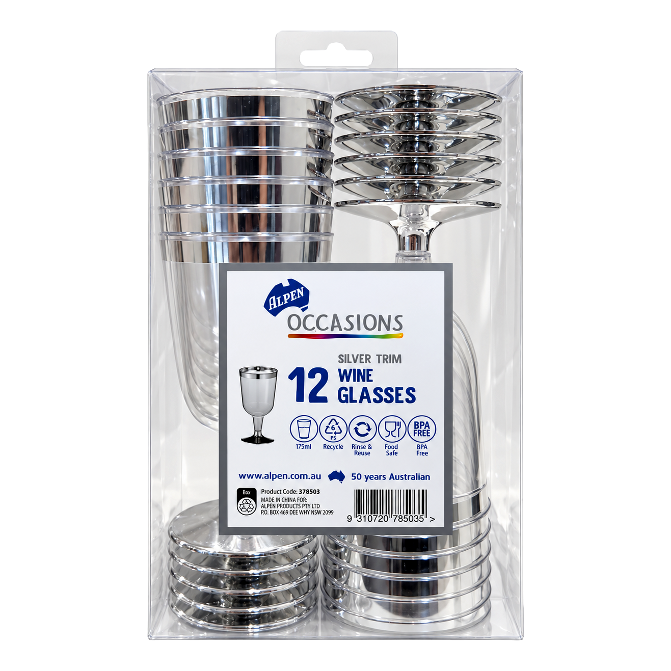 Alpen Silver Trim Plastic Wine Glass 175ml 12 Pack