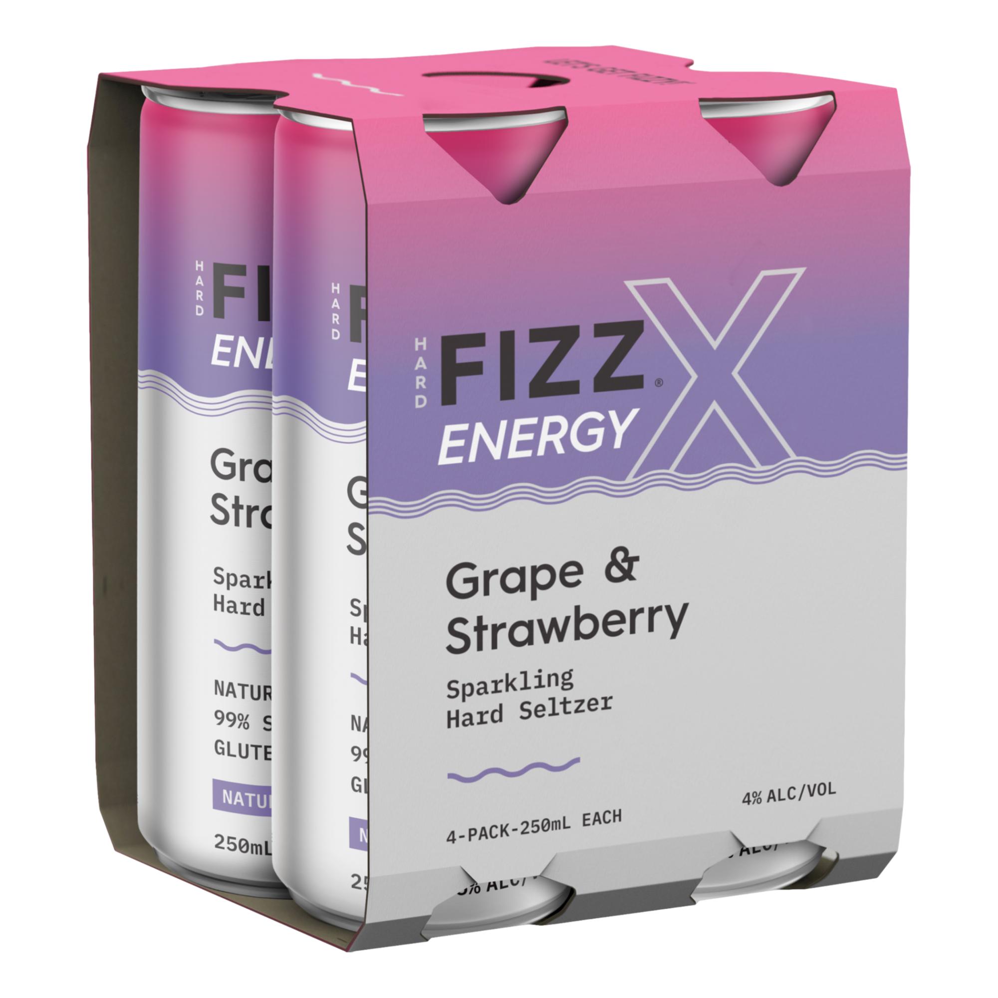 Hard Fizz X Natural Caffeine Grape & Strawberry Seltzer 250ml Can 4 Pack