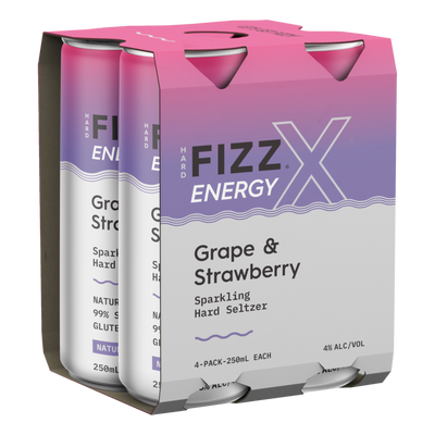Hard Fizz X Natural Caffeine Grape & Strawberry Seltzer 250ml Can 4 Pack