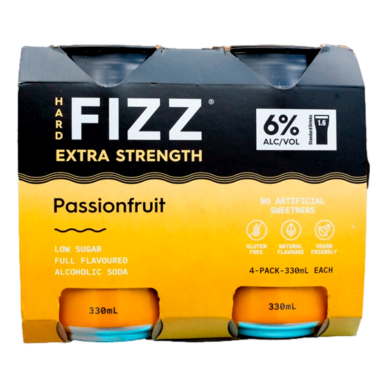 Hard Fizz EXTRA Passionfruit Alcoholic Soda 6% 330ml Can 4 Pack