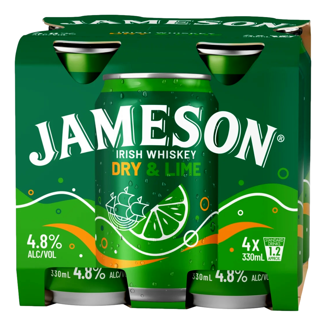 Jameson Irish Whiskey Dry & Lime 4.8% 330ml Can 4 Pack