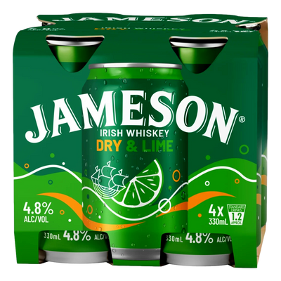 Jameson Irish Whiskey Dry & Lime 4.8% 330ml Can 4 Pack