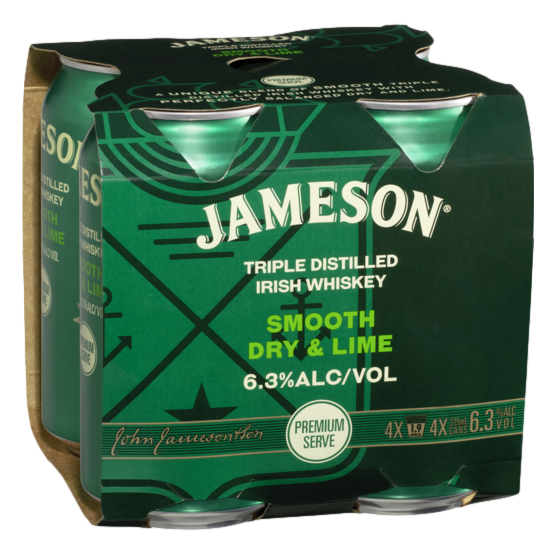 Jameson Irish Whiskey Smooth Dry & Lime Premium Serve 6.3% 375ml Can 4 Pack