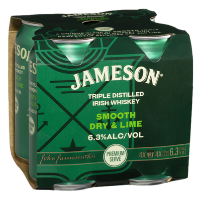 Jameson Irish Whiskey Smooth Dry & Lime Premium Serve 6.3% 375ml Can 4 Pack