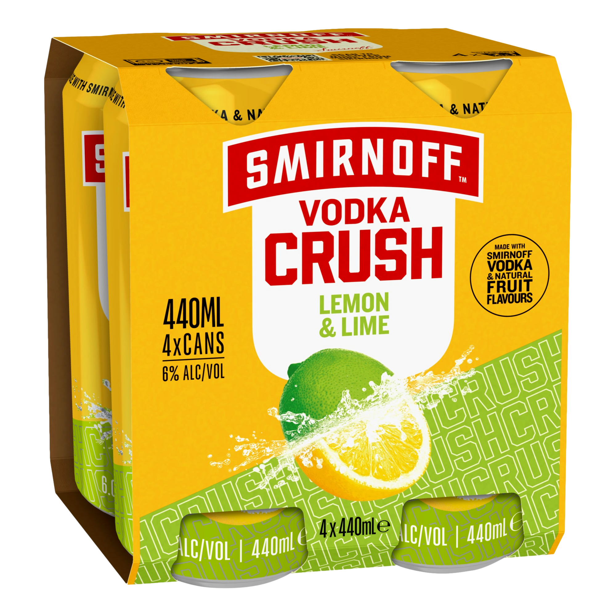 Smirnoff Vodka CRUSH Lemon & Lime 6% 440ml Can 4 Pack