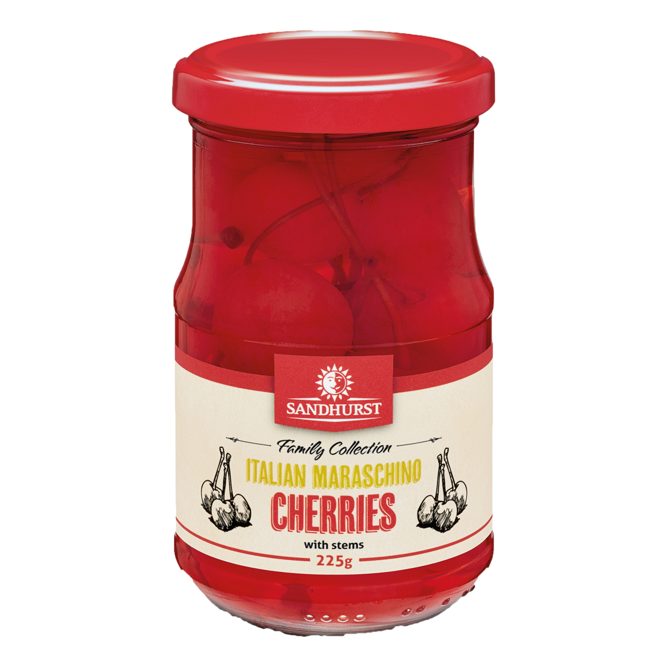 Sandhurst Italian Maraschino Cocktail Cherries with Stem in Syrup 225g