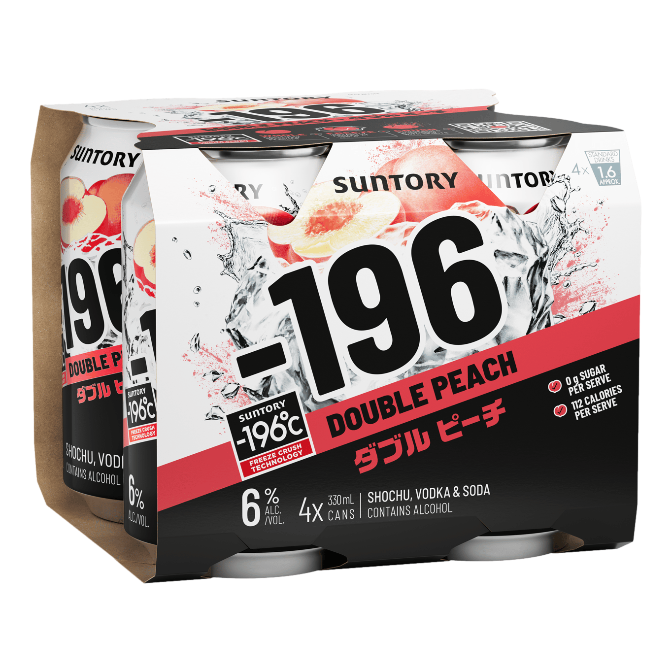 Suntory -196 Double Peach Shochu Vodka Soda 6% 330ml Can 4 Pack
