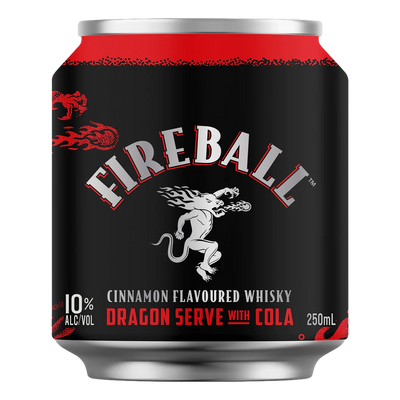 Fireball Cinnamon Whisky Dragon Serve & Cola 10% 250ml Can 4 Pack