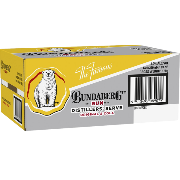 Bundaberg Distillers Serve & Cola 8% 250ml Can Case of 24 - Camperdown ...