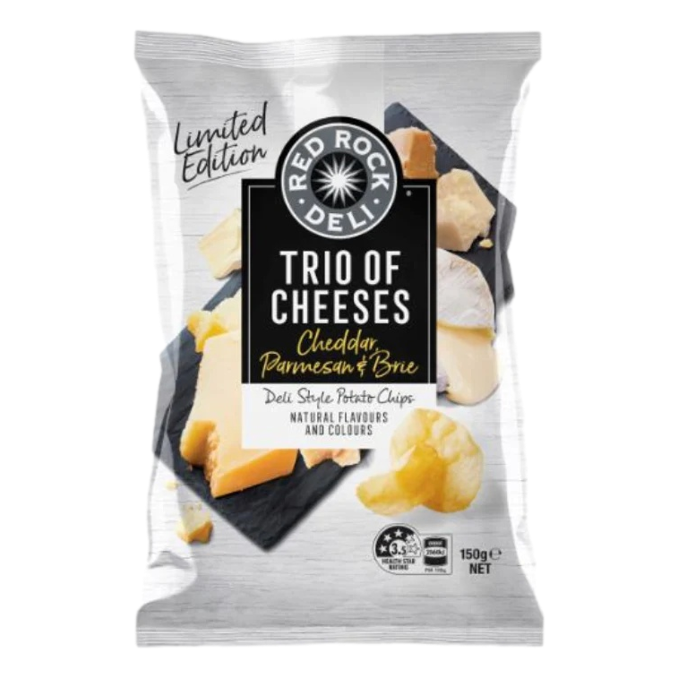 Red Rock Trio of Cheeses Cheddar Parmesan & Brie Potato Chips 150g